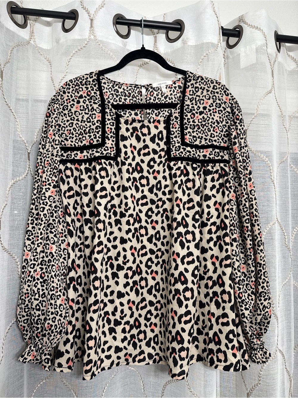 Maurices Cream Leopard Print Blouse with Black Trim and Pink Accents